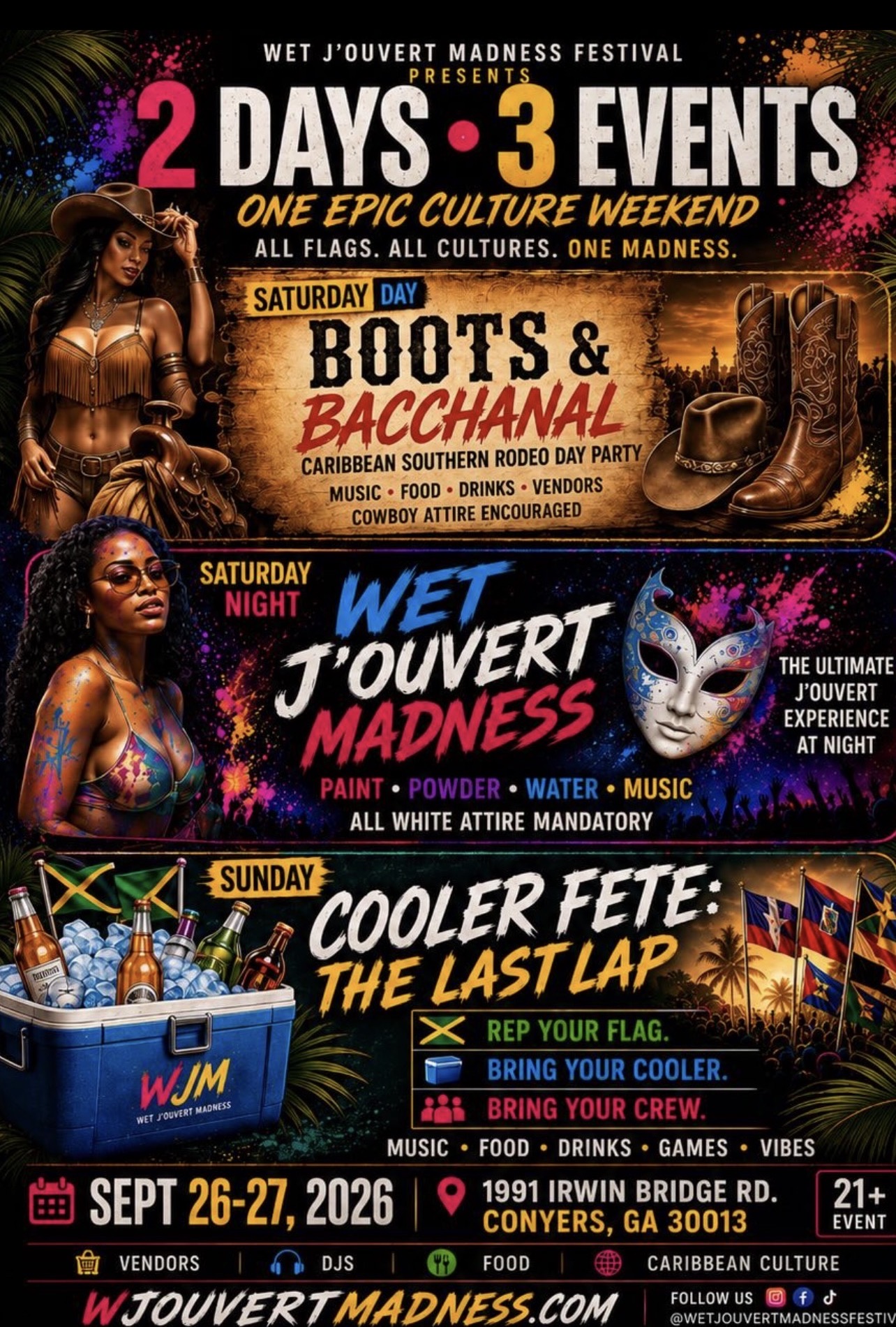 Wet J'Ouvert Madness Festival official flyer — Sept 26–27, 2026, Conyers GA